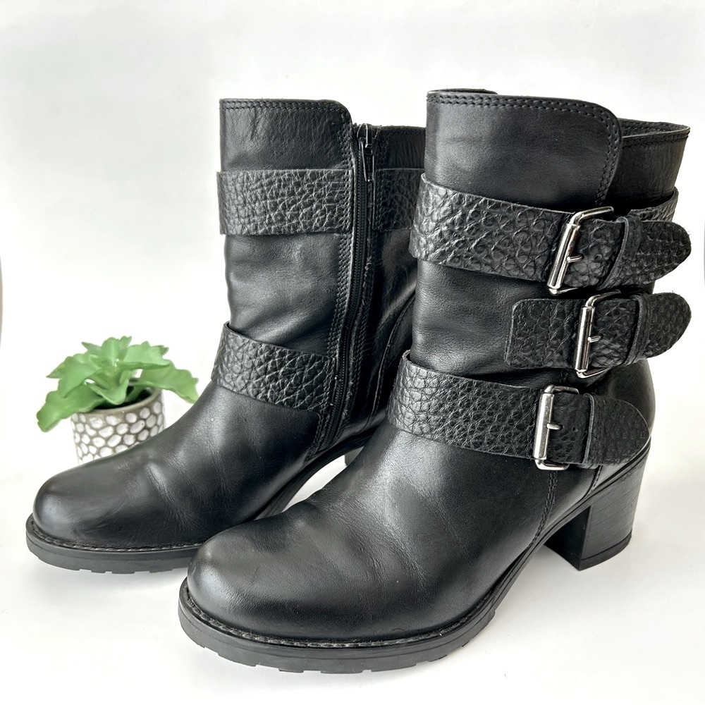 Clark's Women’s Black Leather Buckle Ankle Boots
